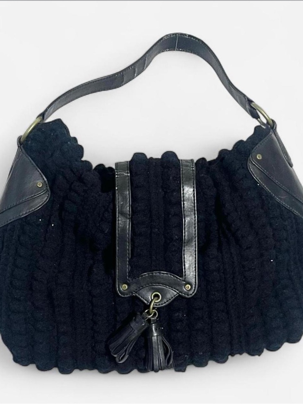 Black Knit Hobo Bag with Tassel Accent